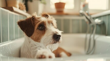 Poster - A dog relaxing in a bathtub, enjoying a moment of comfort and tranquility.