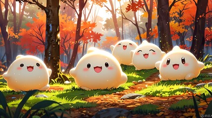 Wall Mural - Cute Cartoon Characters in Autumn Forest