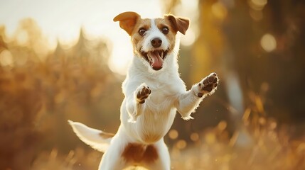 Poster - A joyful dog leaps in a sunlit field, embodying playfulness and freedom.