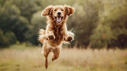 Poster - A joyful golden retriever leaps in a grassy field, capturing the essence of playfulness and freedom.