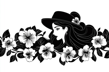 Wall Mural - Black and White Illustration of a Woman with Flowers