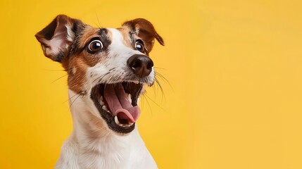 Sticker - A surprised dog with a wide-open mouth against a bright yellow background.