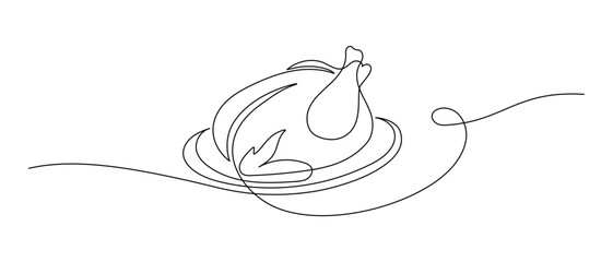 Aufkleber - Roasted chicken or turkey in one continuous line drawing. Thanksgiving greeting card in simple linear style. Fall harvest in editable stroke. Doodle vector illustration
