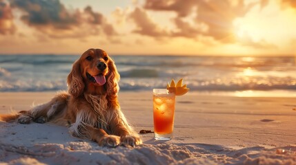 Poster - A dog relaxing on the beach beside a refreshing drink during sunset.