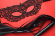 © Oksana - Erotic black lace mask and leather whip for sex games. BDSM toys for role-playing sex games.