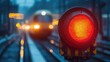 © At My Hat - A red signal light on a railroad track. The red light indicates a stop for trains and other vehicles.