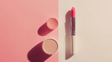 Wall Mural - Cosmetic products are neatly arranged on a light background showcasing lipstick and makeup essentials with minimalist design. Generative AI