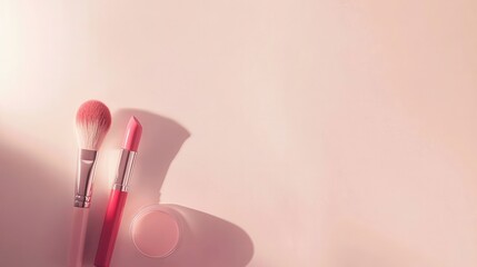 Wall Mural - A stylish setup features a lipstick, makeup brushes, and powder against a light backdrop, perfect for beauty lovers or daily routines. Generative AI