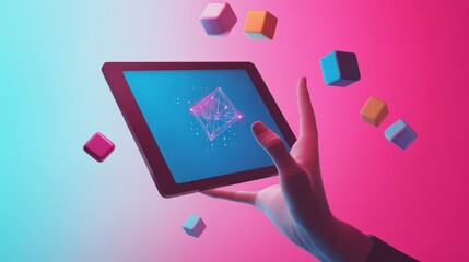 Canvas Print - Tablet with Geometric Shape and Floating Cubes in Neon Light