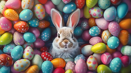 Canvas Print - A cute rabbit surrounded by colorful Easter eggs, symbolizing celebration and springtime festivities.