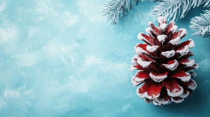 Red pine cone with snow on blue background. This image is perfect for Christmas or winter-themed designs.