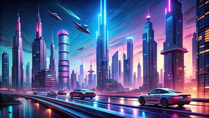 Neon-lit metropolis with sleek, aerodynamic vehicles soaring past towering skyscrapers, embracing a nostalgic, futuristic aesthetic reminiscent of classic sci-fi illustrations.