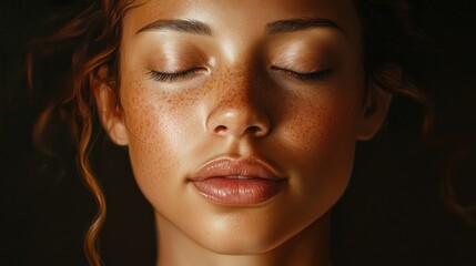 Sticker - Close-up portrait of a woman with freckles and closed eyes