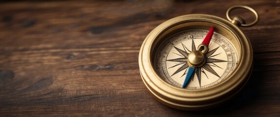 antique brass compass on wooden surface