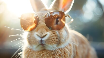 A cute rabbit wearing sunglasses, basking in sunlight, creating a playful and whimsical atmosphere.