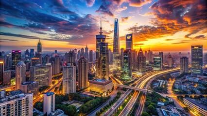 Panoramic view of bustling metropolis at sunset, featuring towering skyscrapers, vibrant neon lights, and busy streets lined with modern architecture and urban infrastructure.