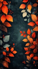 Wall Mural - Dark background with vibrant red, orange, and gray leaves and small berries framing the edges symmetrically