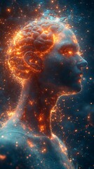 Wall Mural - Glowing humanoid figure with illuminated brain activity, set against a dark background with vibrant energy lines