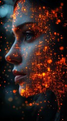 Wall Mural - Digital rendering of a woman's face features glowing orange circuitry patterns, creating an effect of technological integration