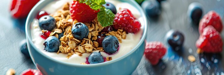 Canvas Print - Homemade yogurt topped with baked granola and a variety of berries in a small bowl.