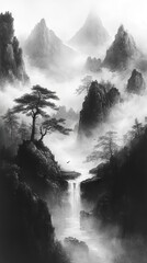 Misty mountainous landscape with rugged peaks, trees, a waterfall cascading into a serene river, and a solitary bird flying