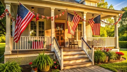 Wall Mural - Rustic, star-spangled banners and distressed American flags adorn a worn, wooden porch, evoking a nostalgic July 4th celebration amidst a warm, sun-drenched summer afternoon.