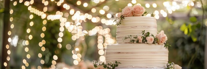 Poster - Outdoor daytime setting beneath a soft white fairy light canopy featuring an elegant three-tier wedding cake embellished with delicate white frosting and subtle blush pink flowers, presented