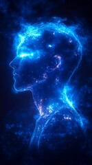 Wall Mural - Glowing figure in blue hues with electric-like energy emitting from it, set against a dark, cosmic background