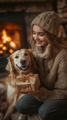 Wall Mural - Woman in knitted clothing joyfully holds a gift-wrapped box beside a happy dog, in front of a fireplace