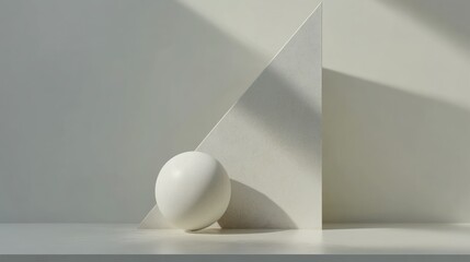 Wall Mural - White Sphere and Triangle on White Background with Sunlight