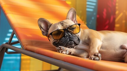 Sticker - A relaxed dog wearing sunglasses lounges on a colorful deck chair in a vibrant setting.