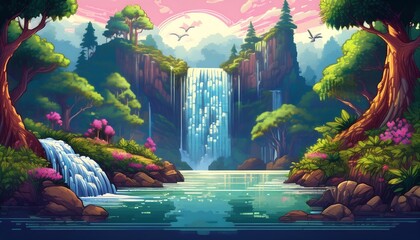 Wall Mural - Pixelated Pixel Art Waterfall Scene - a lush forest scene featuring a cascading waterfall, with trees. Game design asset. Graphic art 8 bit illustration poster