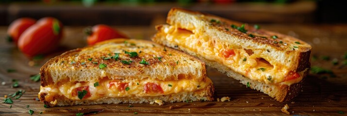 Canvas Print - Pimento cheese sandwich sliced and presented on a wooden surface.