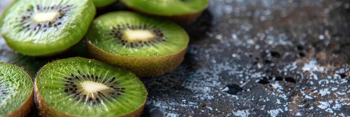 Canvas Print - Fresh green kiwi slices displayed on a table for culinary use.