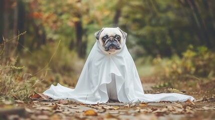 Canvas Print - A pug dog draped in a white cloth sits on a path surrounded by autumn foliage.