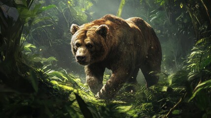 Sticker - A Grizzly Bear Stalking Through Dense Jungle Foliage