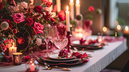 Wall Mural - Valentines day tablescape and table decor, romantic table setting with flowers, formal dinner and date, beautiful cutlery and tableware design