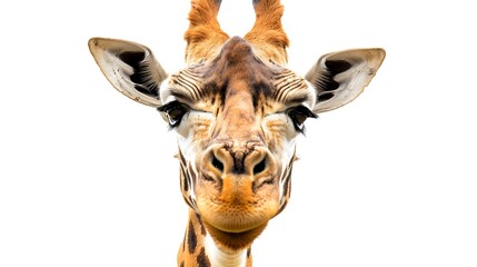 Wall Mural - A close-up of a giraffe's face, showcasing its unique features and expressive eyes against a white background.