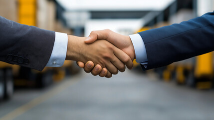 The focus is on the handshake of two business professionals, with trucks and a warehouse in the background, marking the completion of a critical logistics agreement.