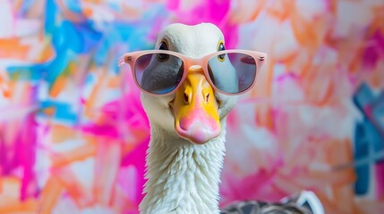 Sticker - A goose wearing pink sunglasses against a colorful abstract background.