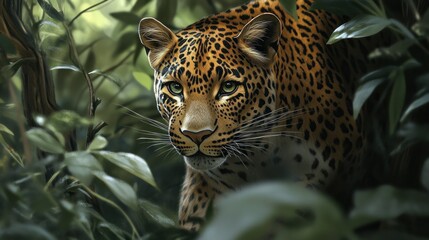 Poster - A Leopard Peering Through Lush Foliage