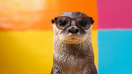 Wall Mural - A playful otter wearing sunglasses against a colorful background, exuding a fun and cheerful vibe.