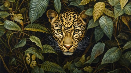 Wall Mural - A Leopard's Gaze Through Lush Foliage