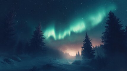 Wall Mural - Aurora Borealis Illuminating a Snowy Forest at Night