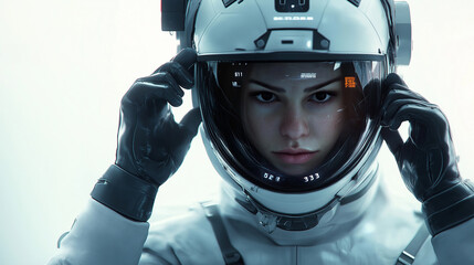 The astronaut's hands rest on her helmet, her gaze steady and forward-facing, with a plain background providing a clean contrast to her spacesuit.