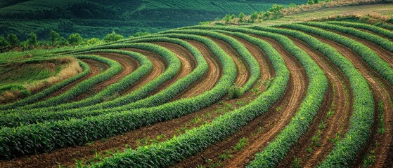 Wall Mural - Curved Rows of Green Crops on a Hillside