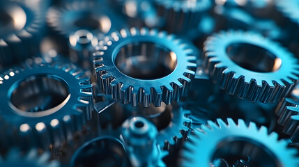 Wall Mural - close-up of interlocked blue metal gears representing teamwork and machinery.