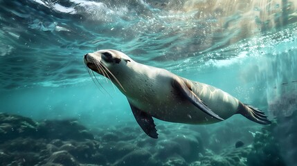 Wall Mural - A seal swimming gracefully underwater, showcasing its natural habitat and beauty.