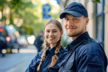 Team, security guard or safety officer portrait on the street for protection, patrol or watch. Law enforcement, smile and duty with a crime prevention unit man and woman in uniform in the city