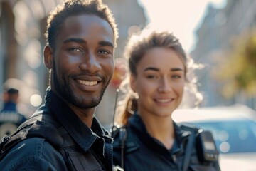 Team, security guard or safety officer portrait on the street for protection, patrol or watch. Law enforcement, smile and duty with a crime prevention unit man and woman in uniform in the city